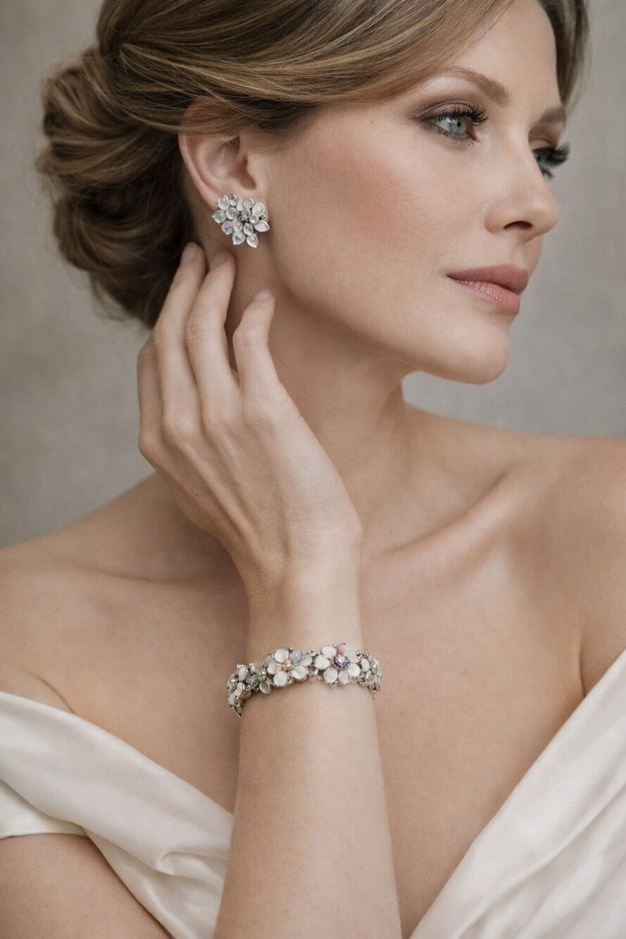 Lisner Vintage Floral Enamel Bracelet & Clip-On Earrings Set White Rhinestone